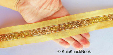 Beige Fabric Trim With Gold Bugle Beads Embellishments, Beaded Trim, Approx. 38mm